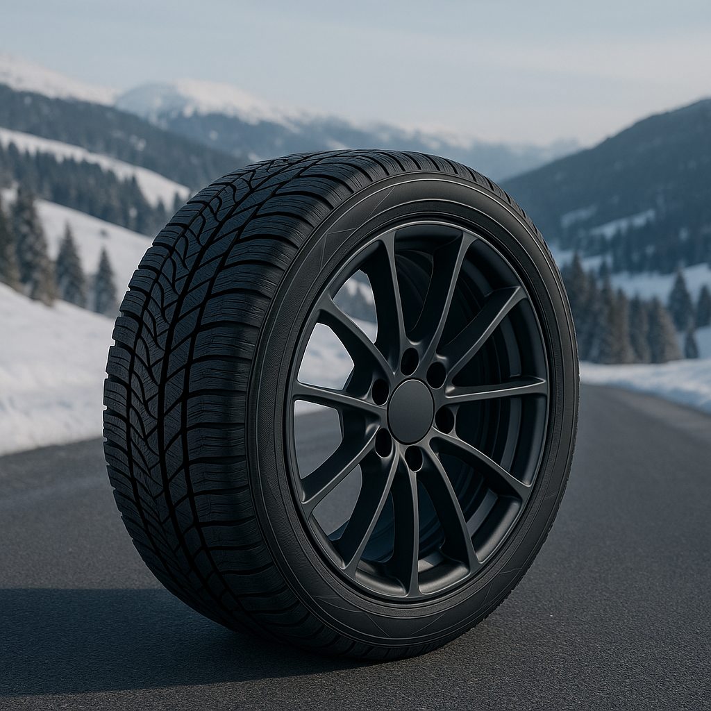 Geprüftes Winter-Komplettrad auf verschneiter Straße